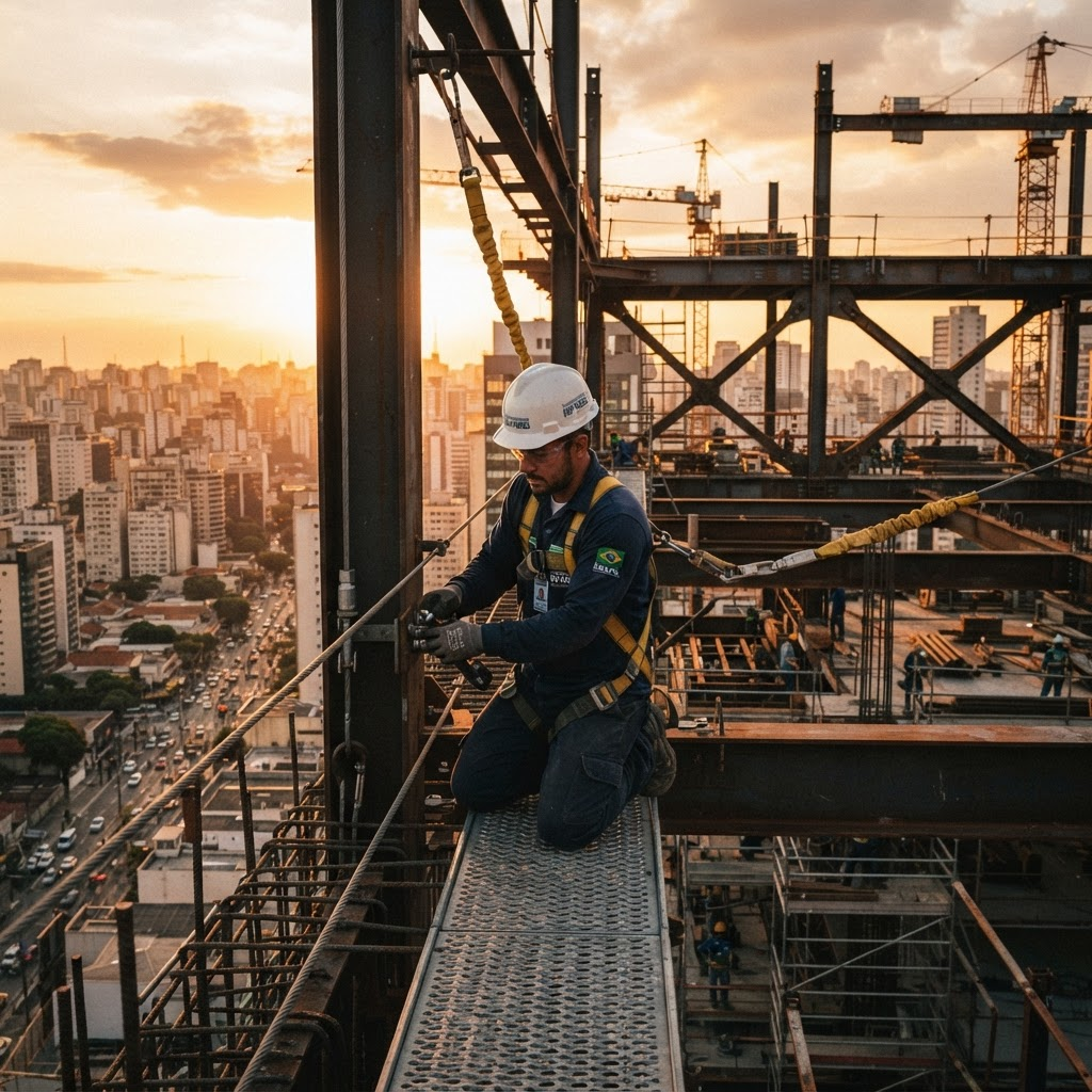 Técnico de segurança do trabalho conectado a uma linha de vida em obra de construção civil