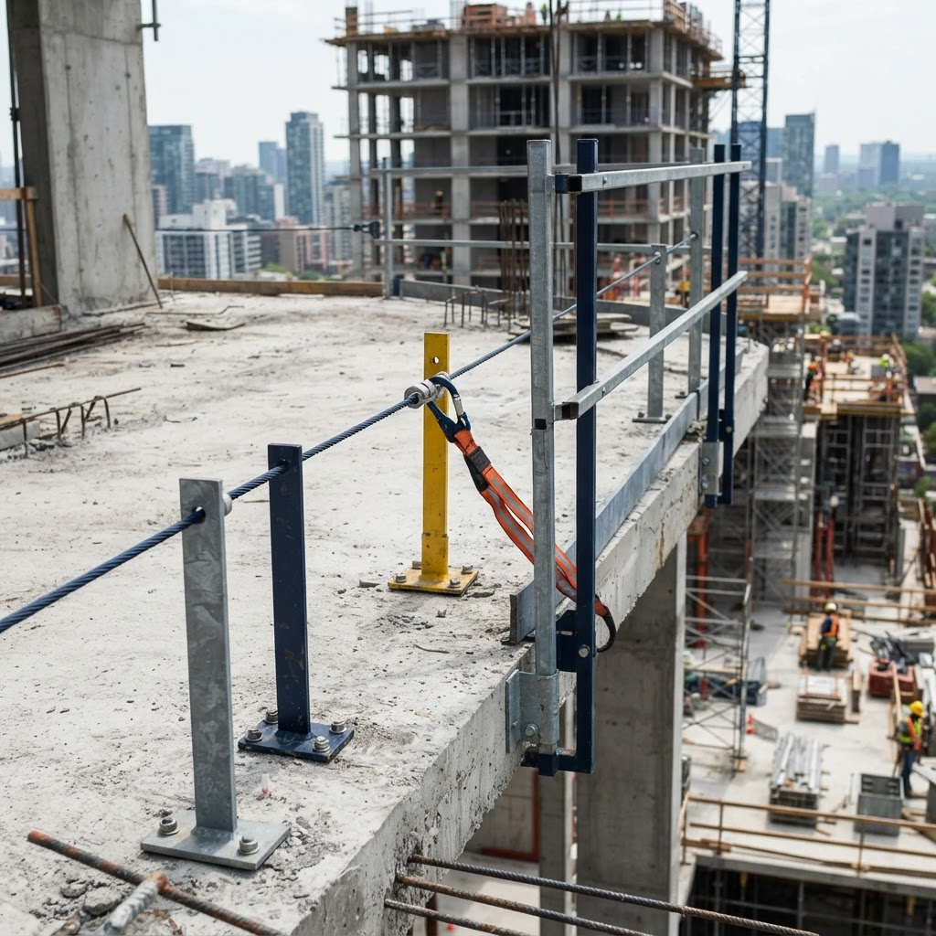 Linha de vida e guarda-corpo instalados na borda de uma laje em construção