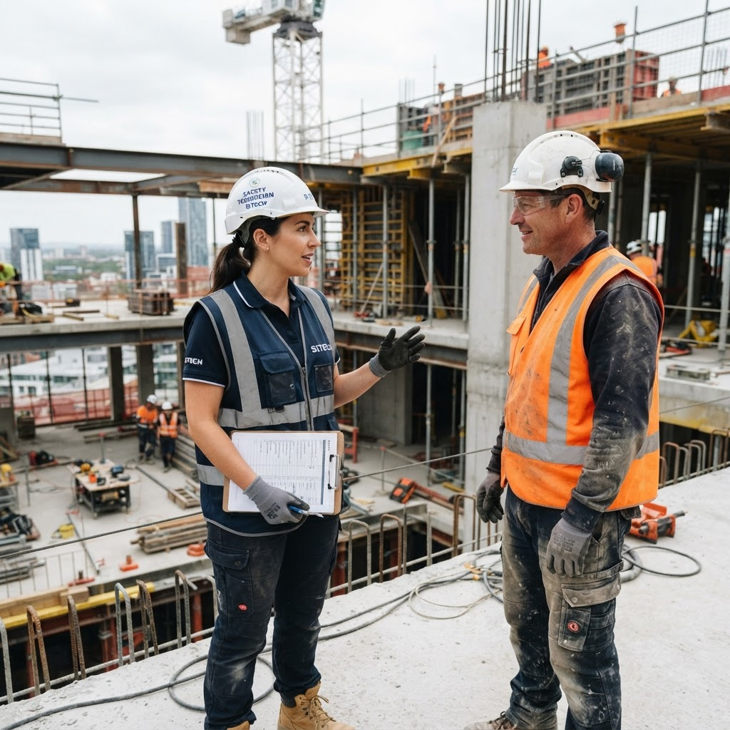 Técnico de segurança do trabalho com prancheta conversando com trabalhador em obra