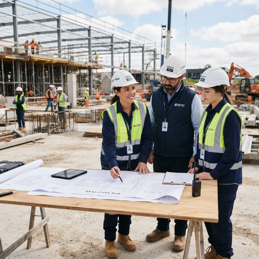 Equipe técnica da Paiva Segurança do Trabalho revisando projetos em obra
